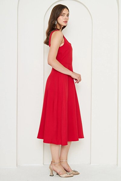 bayansepeti Női Atlas Fabric, négyszögletes gallérral, piros kiszélesedő Midi estélyi ruha 151