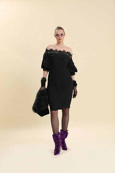 VERDA Wide Collar Ruched Jewelled Evening Dress Can Be Used Off the Shoulder