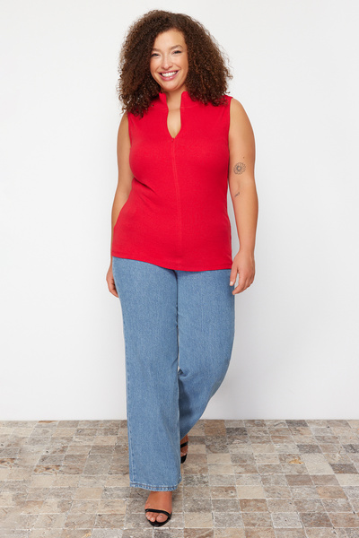 Trendyol Curve Nagy méretű piros bordás blúz - 100% pamut, cipzár TBBSS24AF00040