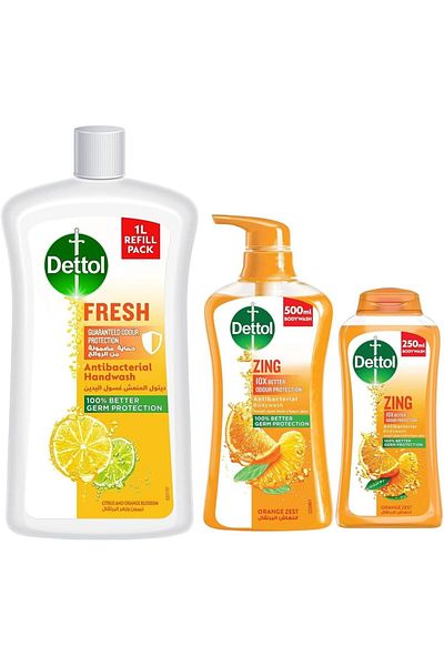 Dettol Handwash Liquid Soap Fresh 1 LT + Dettol Zing Bodywash Orange Zest 250ml+ 500ml (Pack of 2)