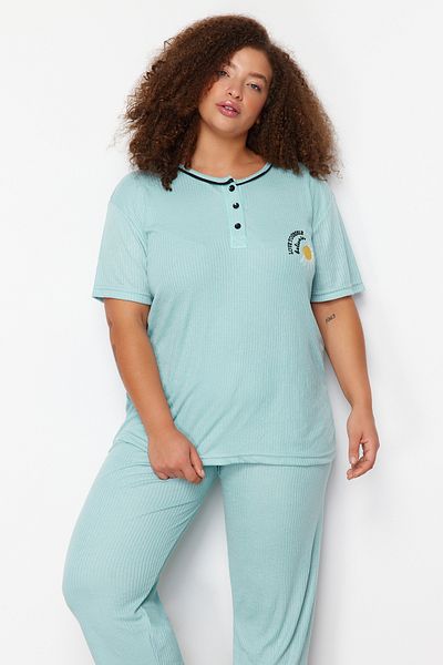 Trendyol Curve Mint Button Detailed Camisole Knitted Pajamas Set TBBSS24AI00099