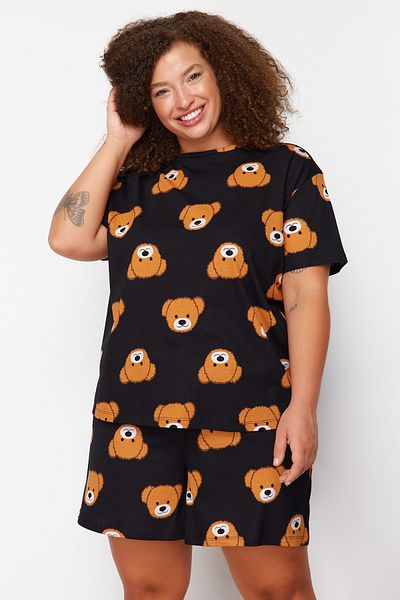 Trendyol Curve Schwarzes Pyjama-Set aus Baumwollstrick mit Teddybär-Aufdruck TBBSS23AI00022