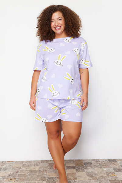 Trendyol Curve Λιλά 100% βαμβακερή καρδιά κουνέλι με σχέδιο σορτς πλεκτό σετ πιτζάμες TBBSS24AI00060
