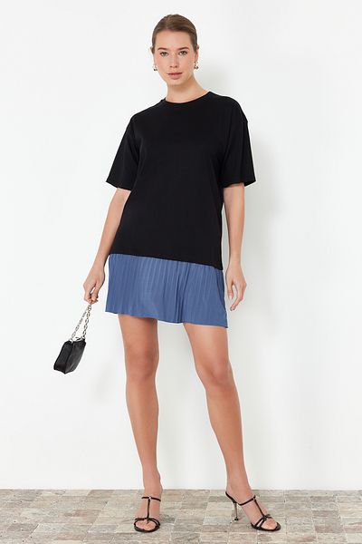 Trendyol Collection Μαύρη Μπλοκ Φούστα Πλισέ Μίνι Πλεκτό Φόρεμα TWOSS24EL00882