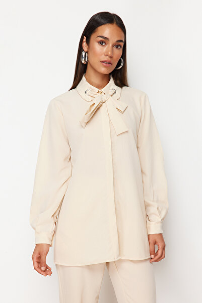 Trendyol Modest Beige Bird Eye Detailed Aerobin Woven Bottom Top Set TCTSS24US00054