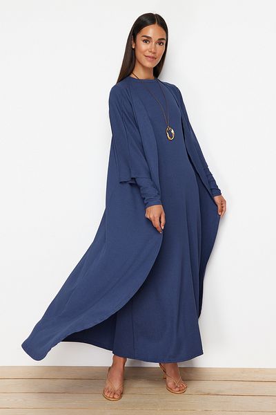 Trendyol Modest Σετ Πλεκτό Φόρεμα Μπλε Κιμονό - Με υφή και τυλιγμένο TCTSS24EB00203