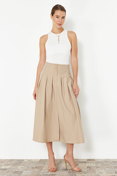 Trendyol Collection Béžová skládaná detailní přední knoflíková midi tkaná sukně TWOSS24ET00169
