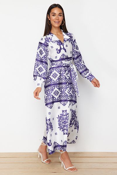 Trendyol Modest Lila szőtt szatén mintás ing estélyi ruha TCTSS24EB00039