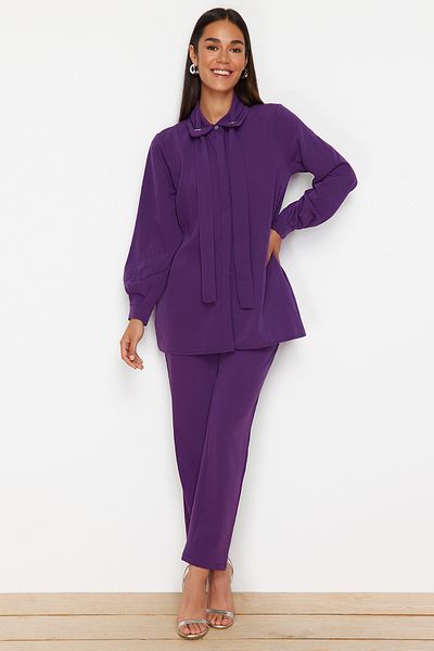 Trendyol Modest Purple Bird Eye Detailed Aerobin Woven Lower Upper Set TCTSS24US00054