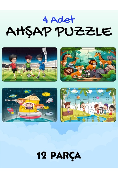 ASE DİZAYN Ahşap 12 parça çocuk puzzzle 4 adet