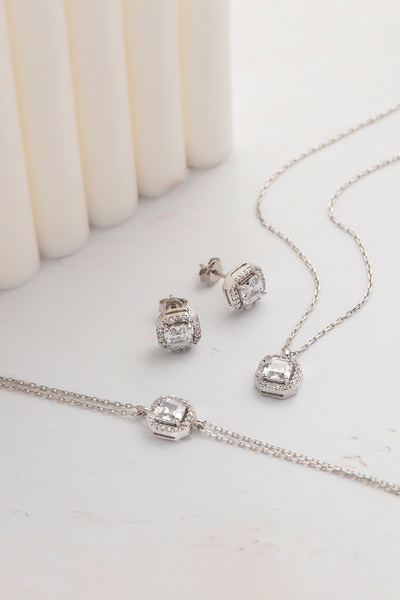 Else Silver 925 Ayar Kare Baget Taşlı Gümüş Takı Seti