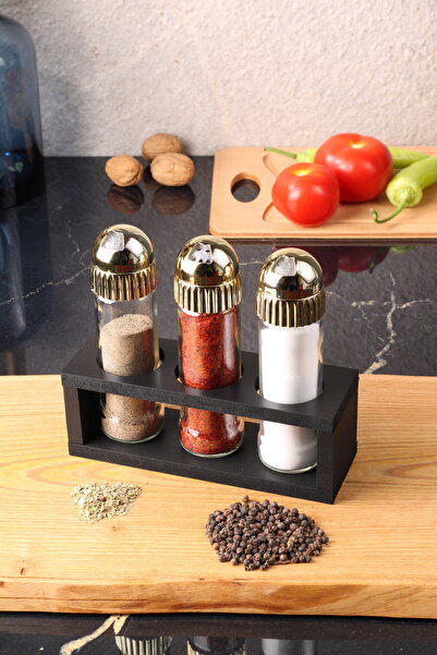 AzzaWood طقم موزع ملح وفلفل زجاجي من إليجانس، 3 قطع - لون ذهبي، غطاء بيضاوي