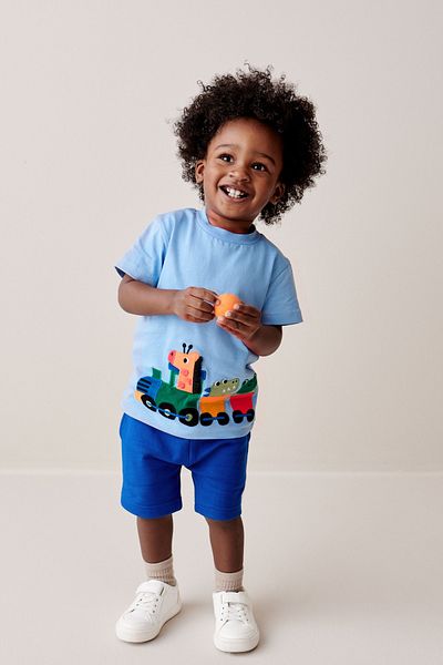 Next Baby Blue Train Patterned Cotton Shorts Set - Short Sleeve