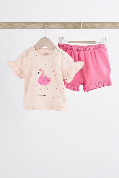 Next Baby Pink Flamingo Patterned 100% Cotton Short Sleeve Shorts Set