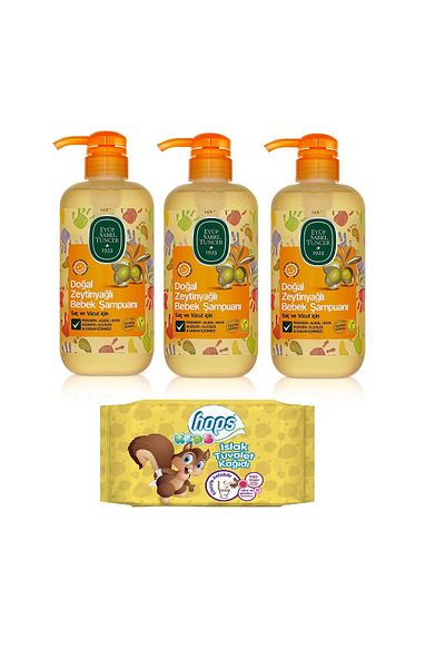Eyüp Sabri Tuncer Natural Olive Oil Baby Shampoo 600 ml x 3 pcs + Kids Wet Toilet Paper 60 pcs