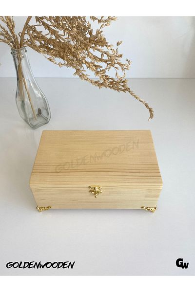 GOLDENWOODEN صندوق مجوهرات من خشب الصنوبر الأبيض الطبيعي - طول 20 سم، عرض 12 سم، حمل 8.5 سم (صندوق تخزين خشبي)