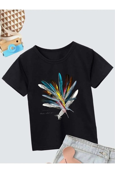 BENROMA KİDS تي شيرت للأطفال مطبوع عليه ريش