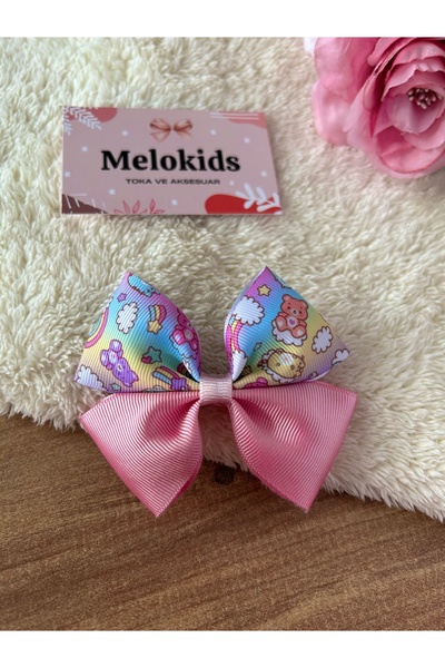 MeloKids مشبك مشبك شريط وردي ناعم بنمط قوس قزح مع دمية دب