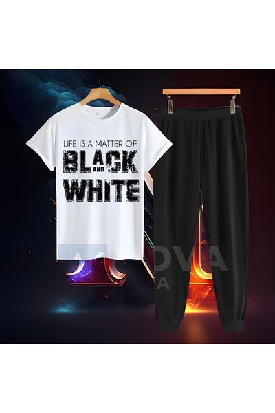 Biy Store Beşiktaş district printed black and white printed unisex t-shirt tracksuit set.