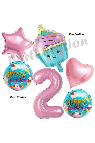 Parti Station 2 Year Old Birthday Patisserie Candy Cupcake Balloon Set - Fine Cream Theme
