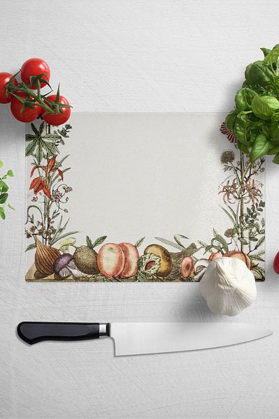 Postifull Glass Cutting Board, Thick And Unbreakable Glass - Vintage Vegetables, 21*30cm, Chopping Board, Kitchen Decor