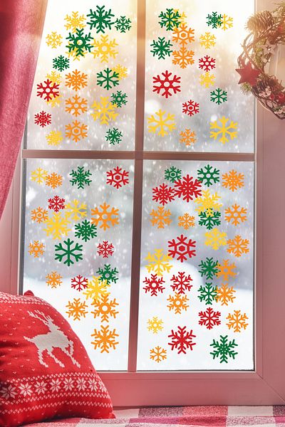 Postifull Set de autocolante de Crăciun, 60 de bucăți de fulgi de zăpadă colorați, ornament de Crăciun, decor de Crăciun, decor de Anul Nou