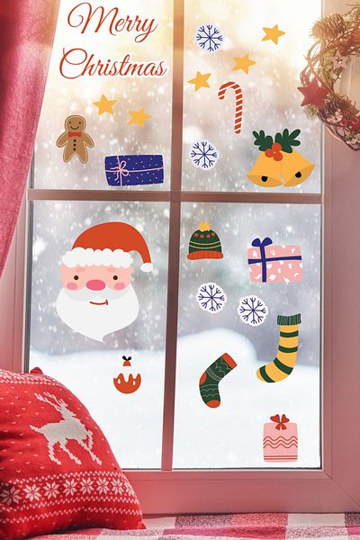 Postifull Set de autocolante de Anul Nou, ornament estetic de Anul Nou, decor de Anul Nou, autocolant pentru decorarea ușii, peretelui și sticlei