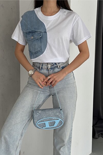 FEMELLE Γυναικείο βαμβακερό μπλουζάκι από λευκό τζιν τζιν λεπτομερές σχέδιο τσέπης