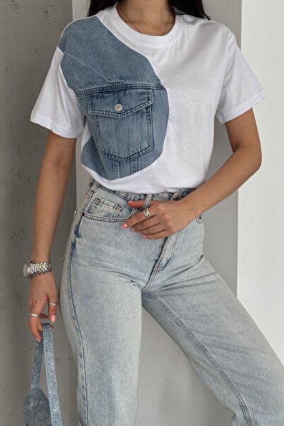 FEMELLE Γυναικείο βαμβακερό μπλουζάκι από λευκό τζιν τζιν λεπτομερές σχέδιο τσέπης