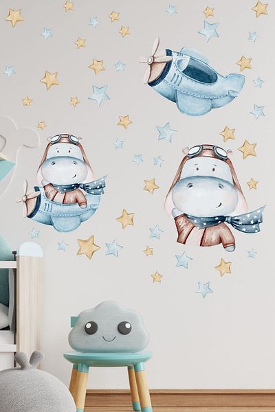 Postifull Set de autocolante pentru camera bebelușului pentru copii, decor de perete cu avion și hipopotami, autocolant de perete pentru camera copiilor și bebelușilor