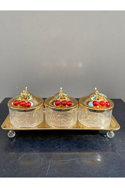 AZADE BAKIR TEPSİLİ KİRAZLI ÜÇLÜ KASELİ SUNUMLUK GOLD RENK