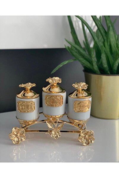 AZADE BAKIR ÜÇLÜ MİNİ PORSELEN BAHARATLIK GOLD RENK
