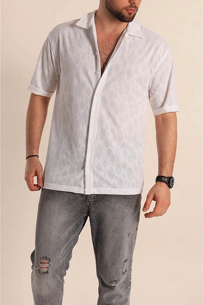 vuvutasarım New Season White Oversize Linen Perforated Short Sleeve Men's Shirt