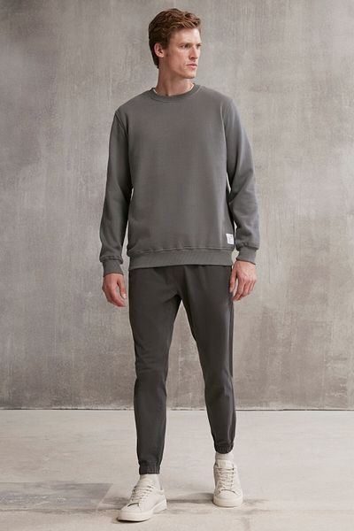 GRIMELANGE Jakob Men's Woven Washed 4-Pocket Thick Textured Anthracite Trousers with Elastic Legs