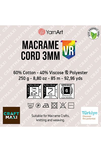 Yarnart Κορδόνι Macrame 3 Mm Vr Macrame Πλεκτό Χέρι Σχοινί Ebruli-920