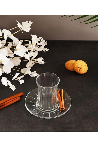 Paşabahçe Elysia Tea Cup Set 12 Pieces Box 6 Tea Cups 6 Tea Plates