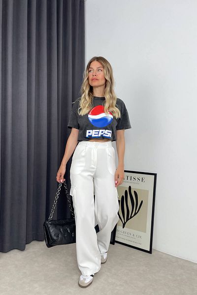 Sue Store Pantaloni albi cu buzunar cargo cu talie înaltă