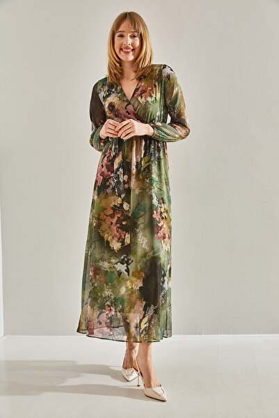 Bianco Lucci Γυναικείο φόρεμα σιφόν με πράσινη γραμμή ελαστική μέση V λαιμόκοψη με διπλό στήθος με ζώνη 60251001