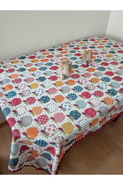 CLK Home 150x150cm El Örgüsü Dantelli Dertsiz Çok Renkli Elma Desenli Sofra Bezi / Masa Örtüsü