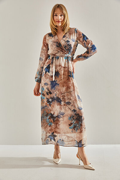 Bianco Lucci Γυναικείο φόρεμα από σιφόν με διπλό στήθος, ελαστική μέση με επένδυση καμήλας, σιφόν 60251001