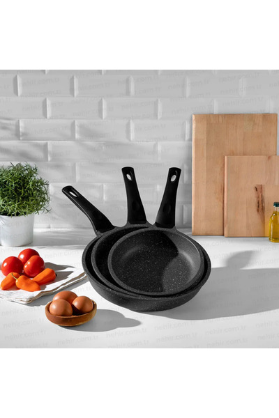 Nehir Siyah 3 Parça Alüminyum Döküm Granit Tava Seti