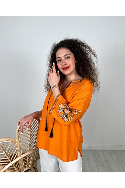 JOVENMADRE BAĞLAMALI V YAKA KOLU DESENLİ OVERSİZE ORANJ  BLUZ