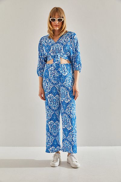 Bianco Lucci Damen-Set mit kurzem Palazzo-Oberteil und elastischem Rücken und Ärmeln in Blau 60251033
