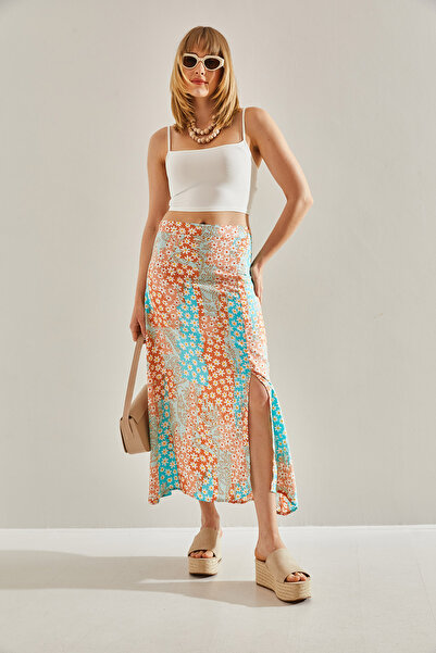 Bianco Lucci Dámská tyrkysově-oranžová květinová sukně se skrytým zipem na boku60251034