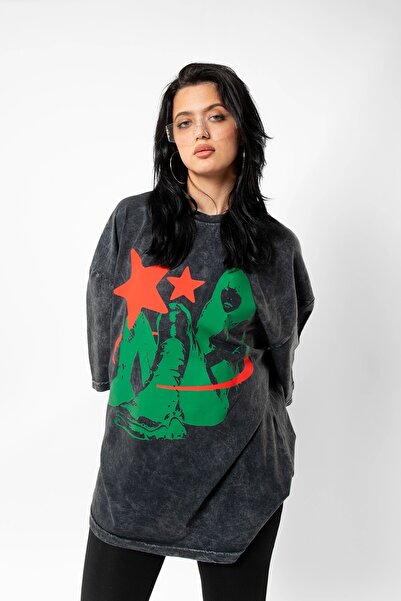 Bak Moda Μπλουζάκι Unisex με στάμπα Star Girl Washed Black Oversize