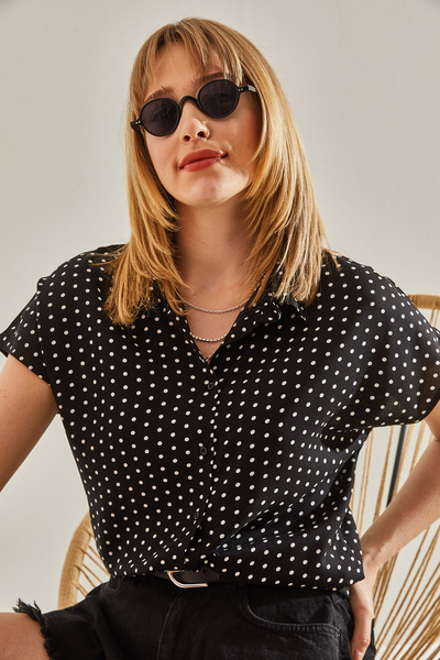 Bianco Lucci Černá-ecru viskózová košile s krátkým rukávem40831005