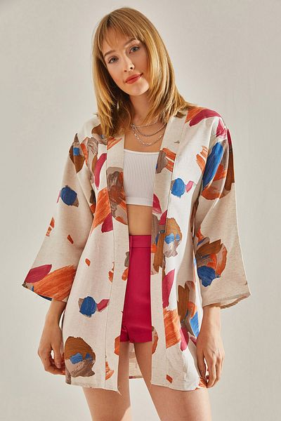 Bianco Lucci Dámské béžovo-modré kimono kimono s mnoha vzory60081025