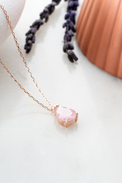 Nereze 925 Ayar Gümüş Pembe Taşlı Damla Model Kolye