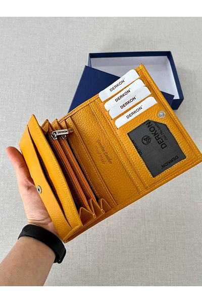 DERKON Mendy Model Useful Genuine Leather Medium Size Women's Wallet Yellow Color