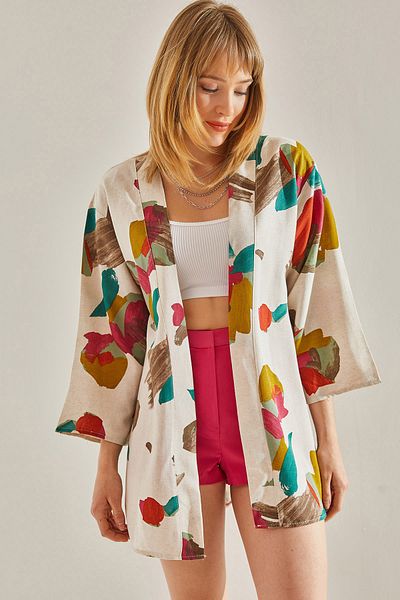 Bianco Lucci Dámské béžovo-zelené kimono s více vzorem kimono60081025